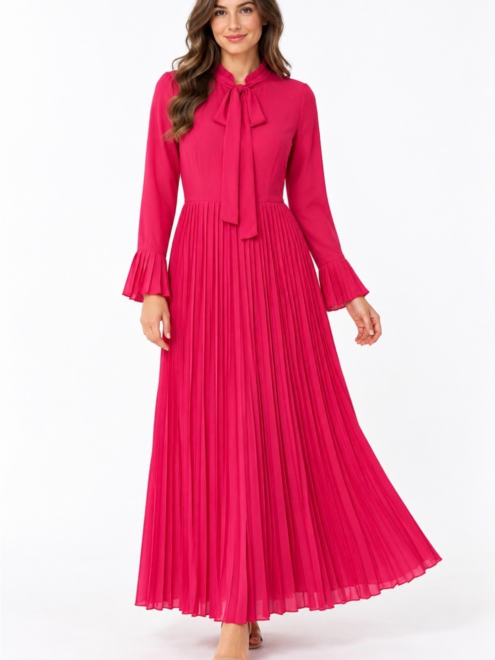 Dainty Jewells Fuchsia Pleated Tie Neck Maxi Dress Medium